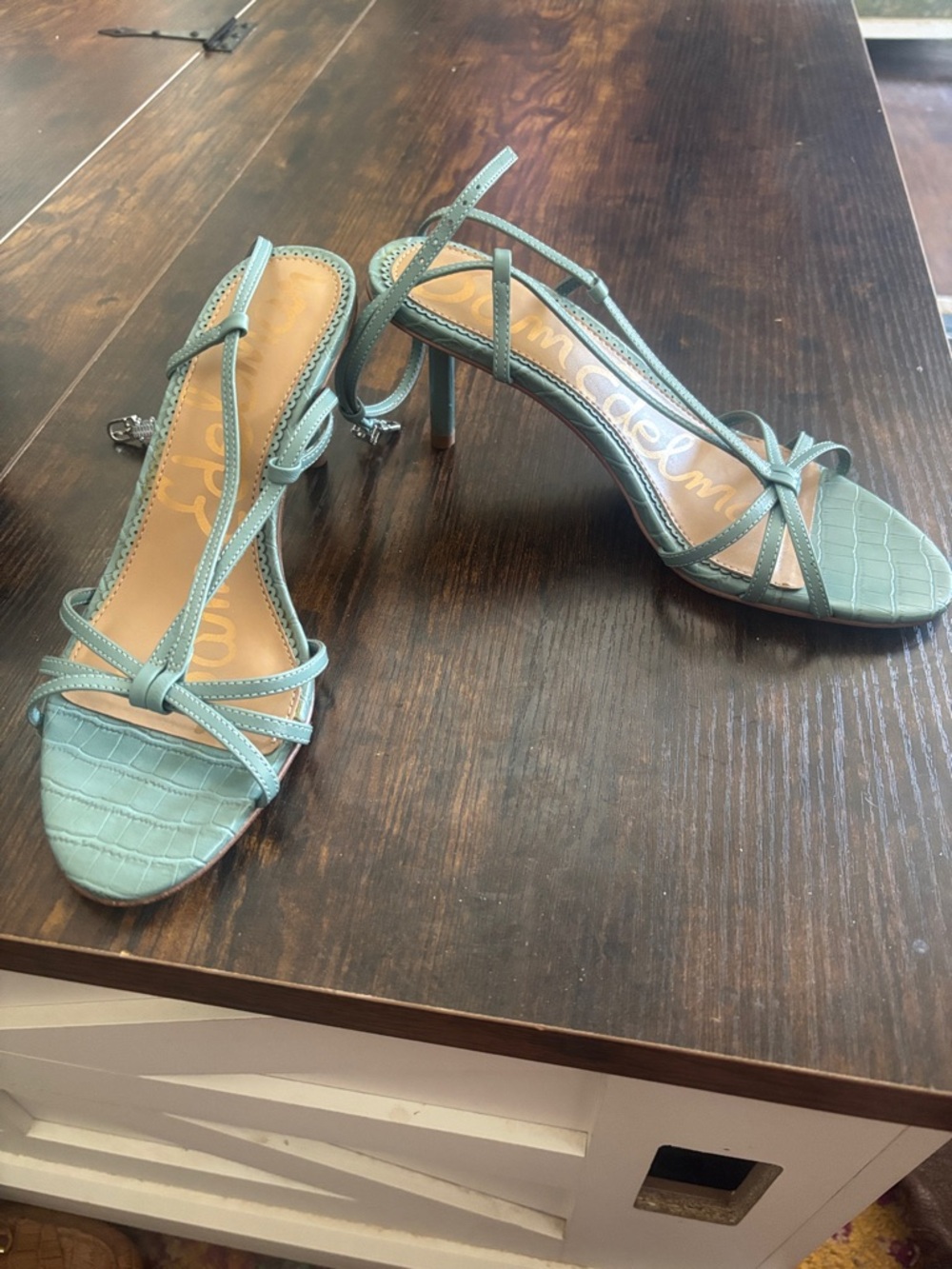 Sam Edelman Teal Croc-Embossed Strappy Heeled Sandals